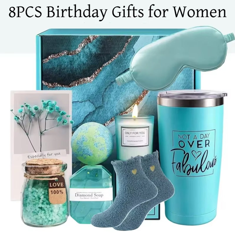 8PCS Birthday Gifts for Women Get Well Soon Gift Baskets Care Package Wellness Gifts 20Oz Tumblers Candles Soap Socks Eyemasks